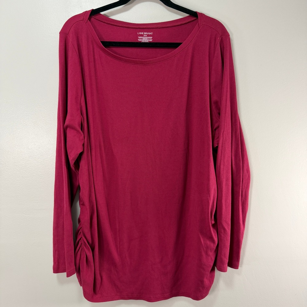 Lane Bryant Top Womens 22/24 Pink Cotton Ribbed Ruched Long Sleeve Scoop Neck